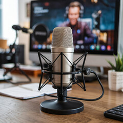 Silver desktop microphone and stand for recording. Features convenient volume control and adjustable positioning, with a sophisticated feel.