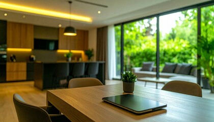 A modern, open-plan kitchen and dining area with large glass doors overlooking a lush garden and patio seating.