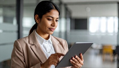 A professional woman in a business suit uses a digital tablet in a modern office setting.