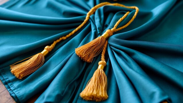 Elegant deep teal graduation gown with tassel detail