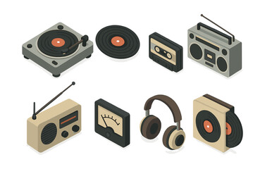 Retro music icons set – turntable, cassette, boombox, radio, headphones