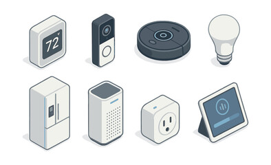 Smart home technology icons set – thermostat, doorbell, robot, bulb, fridge, speaker, plug, tablet