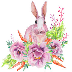 Charming watercolor bunny holding peonies and a carrot. Whimsical design perfect for Easter, garden-themed parties, or baby projects. High-quality PNG with transparent background.