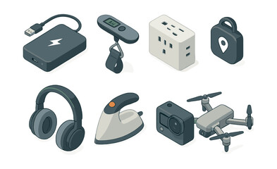 Travel gadgets icons set – charger, scale, adapter, lock, headphones, iron, camera, drone