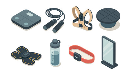 Smart fitness gadgets icons set – scale, jump rope, resistance bands, balance board, hydration bottle