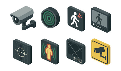Isometric surveillance icons set – camera, motion, radar, target, cctv, alert, monitor, time