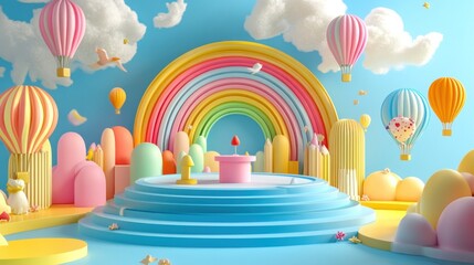 Colorful 3D render of a whimsical, celebratory scene with pastel colors, hot air balloons, and a rainbow