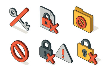 Access denied icons set – key, lock, folder, file, warning, prohibition