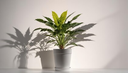 Fototapeta premium Sole potted plant, stark white background, dramatic shadows , home, decor, isolated