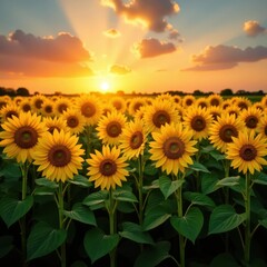 Fototapeta premium Sun-drenched corn stalks border a sea of sunflowers at sunset , yellow, vibrant, golden hour