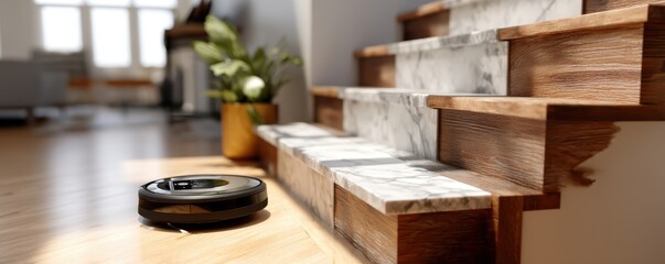 Smart robot vacuum navigating modern home with wooden and marble staircase