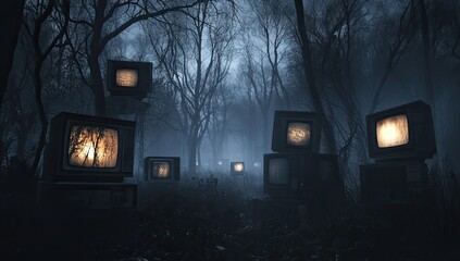 Spooky forest path illuminated by antique televisions  Flickering screens cast warm light on a misty, dark woodland