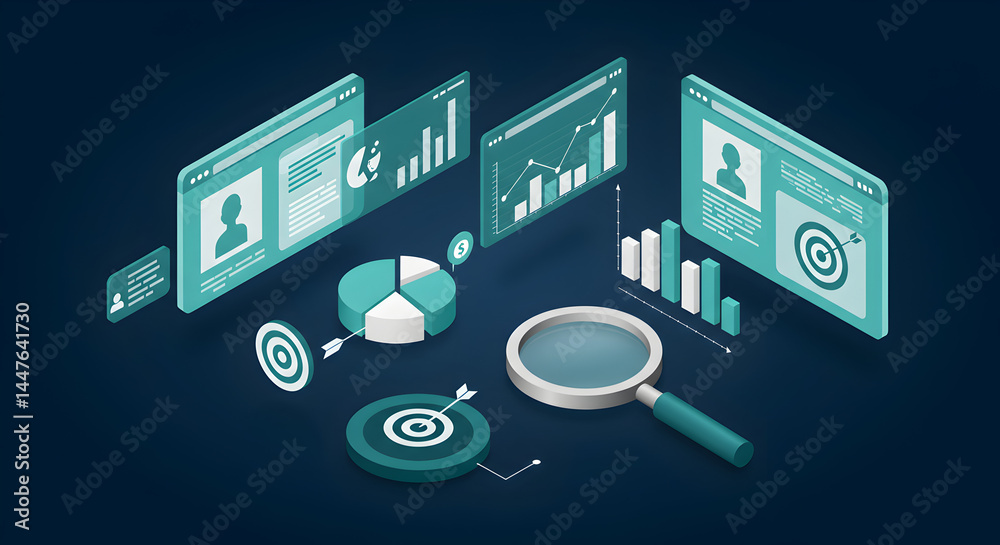 Poster isometric data analysis with magnifying glass on blue background charts diagrams and target interfac