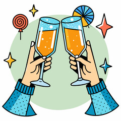 Vector illustration of hands clinking glasses with champagne