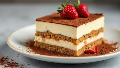 Close-up view of a single serving of tiramisu, showcasing its texture and layers , single serving, coffee flavor