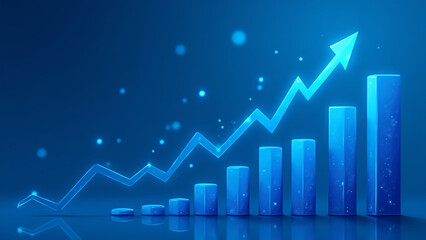 Blue Financial Growth Chart with Upward Arrows and Data Analytics Elements