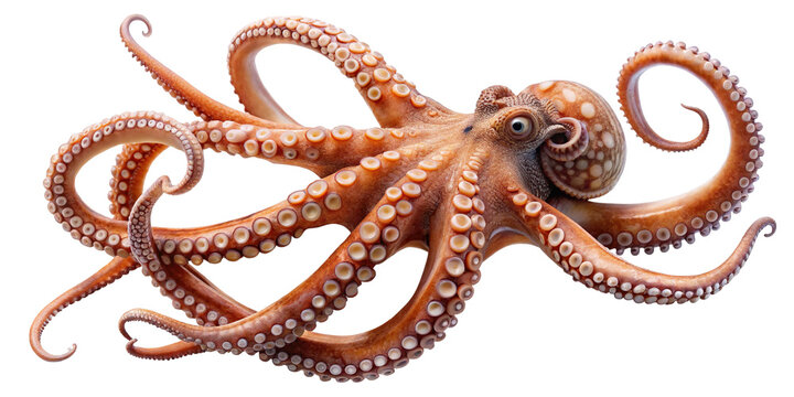 Detailed depiction of a vibrant orange octopus with curling tentacles on black backdrop