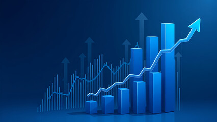 Blue Financial Growth Chart with Upward Arrows and Data Analytics Elements