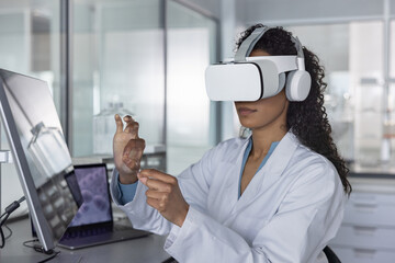 Focused woman Scientist Working with Virtual Reality Tools