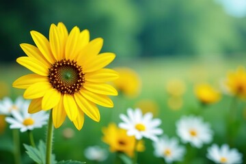 Obraz premium One bright yellow sunflower amidst white daisies, summer, solitary, sunny