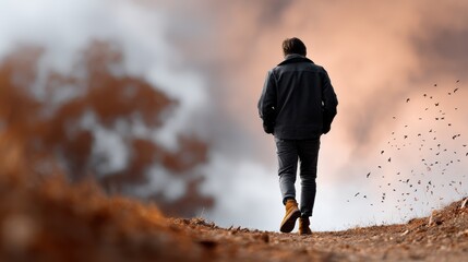 Obraz premium Solitary walk of young caucasian male in autumn landscape with dramatic sky
