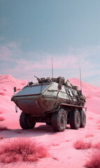 Fototapeta premium Military vehicle traversing ethereal pink terrain under soft skies in a surreal landscape composition