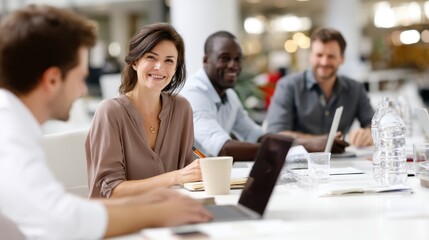Diverse team meeting in modern office with laptops and coffee