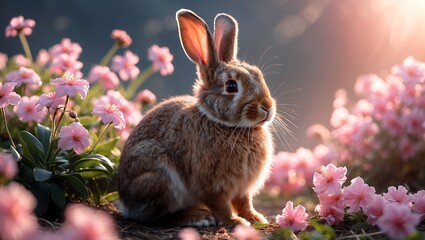 Fototapeta premium Fluffy brown rabbit among pink flowers in soft sunlight