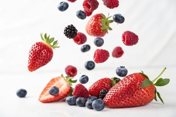 Obraz premium Fruits falling together, featuring strawberries and blueberries in a vibrant display.