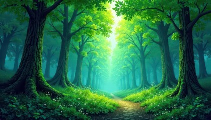 Impressionist forest, textured greens & blues, dense canopy, light, ancient forest