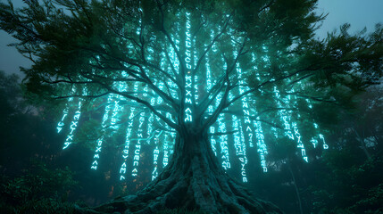 Mystical tree bathed in ethereal glowing script unveils secrets of the enchanted forest realm
