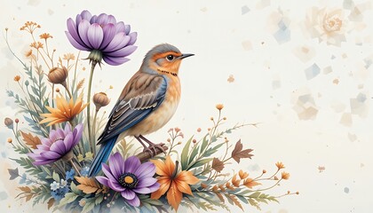 Bird Perched Among Flowers Watercolor Illustration