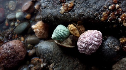 Undersea Treasures: Close-Up of Shells and Pebbles on a Rocky Shoreline