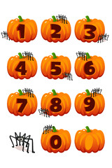 Pumpkins with numbers 0-9 carving for decoration Halloween or Thanksgiving Day. Spider, pumpkin and number for your design greeting card,poster, education, stickers or more.