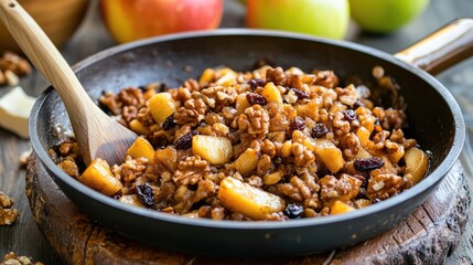 Fototapeta premium Apple strudel filling of apples, walnuts, raisins mixed in pan with butter