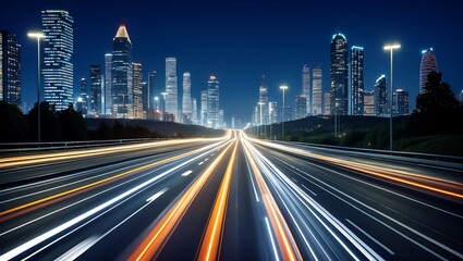 Obraz premium Futuristic night highway with dynamic light trails