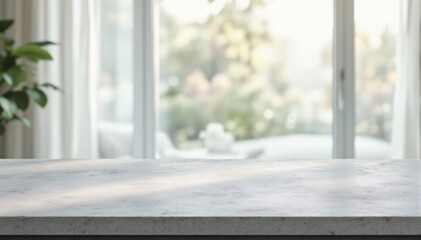 Grey concrete tabletop in focus, with background blur of large window and white curtains. Daylight softly fills the indoor modern minimalist scene.