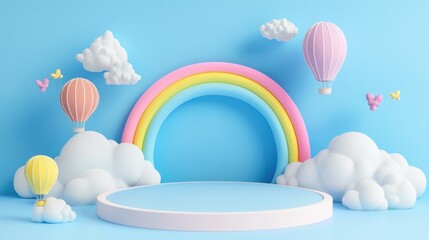 Pastel-colored, 3D rendered display podium with hot air balloons, clouds, and rainbow, perfect for product photography or presentation