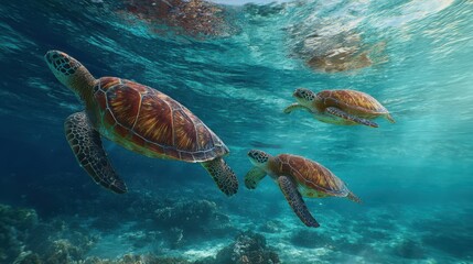Obraz premium The graceful movement of sea turtles swimming in their natural habitat