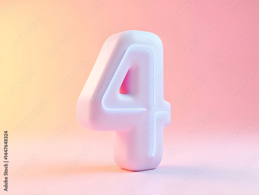 Aufkleber ピンクと白の光る4の数字の3dレンダリング 抽象的背景に浮遊するデザイン要素