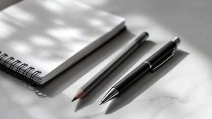 Pencil, pen, and notebook on sunlit desk surface for creative work