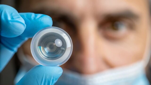 Closeup of gloved hand with intraocular lens for cataract surgery, highlighting reflection and curvature in medical precision.