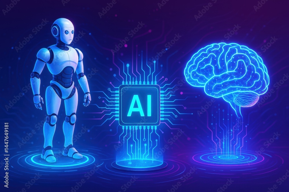 Aufkleber Robot Meeting Artificial Intelligence Representation With Glowing Brain and Circuit Board in Futuristic Setting