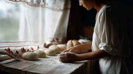 A baker in soft light kneads dough, surrounded by fresh-baked bread, embodying the warmth and tradition of artisanal bread-making.