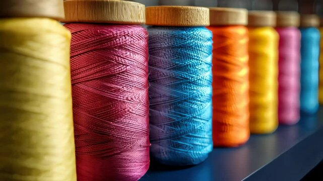 Brightly colored spools of thread in yellow, orange, and blue on a wooden table, perfect for sewing or craft themes