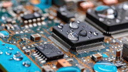 Close-up of circuit board components covered in water droplets.  The components appear to be protected by a sealant or coating