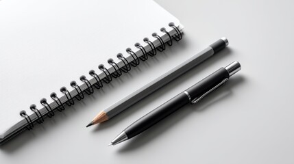 Spiral notebook with pencil and pen on gray background