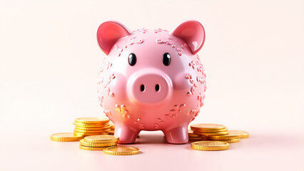 3D Illustration of Pink Piggy Bank with Stacked Gold Coins – Transparent Background, High-Resolution PNG