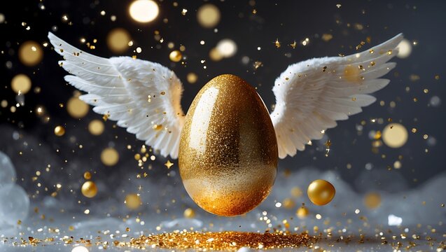 Golden egg with glitter and angel wings floating - Powered by Adobe