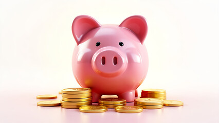 3D Illustration of Pink Piggy Bank with Stacked Gold Coins – Transparent Background, High-Resolution PNG